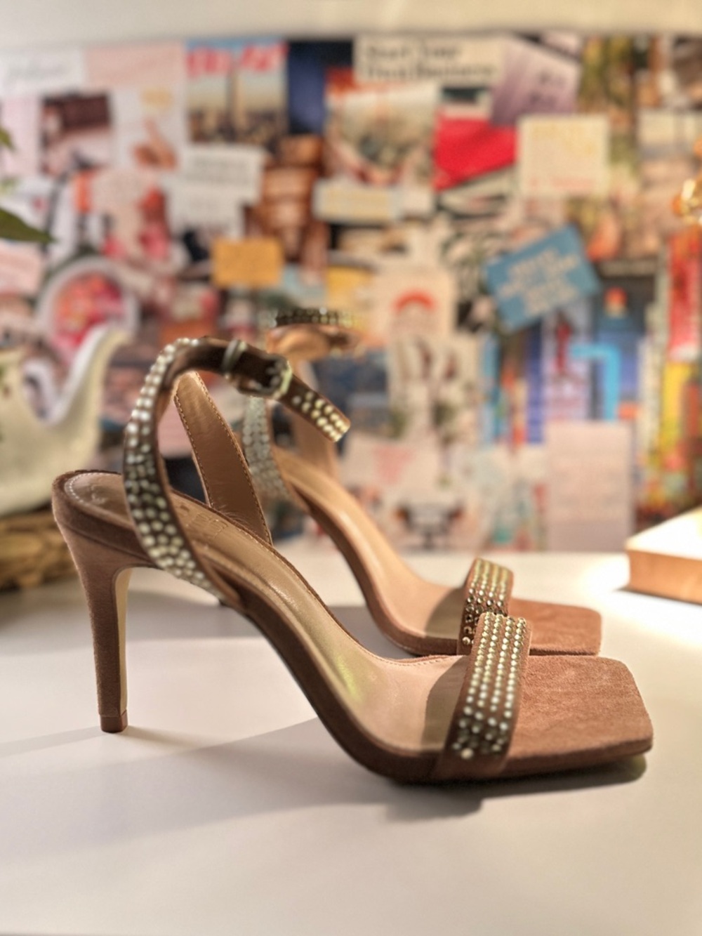 Vince Camuto Tan Suede Gold Rhinestone Strap Stiletto Heels